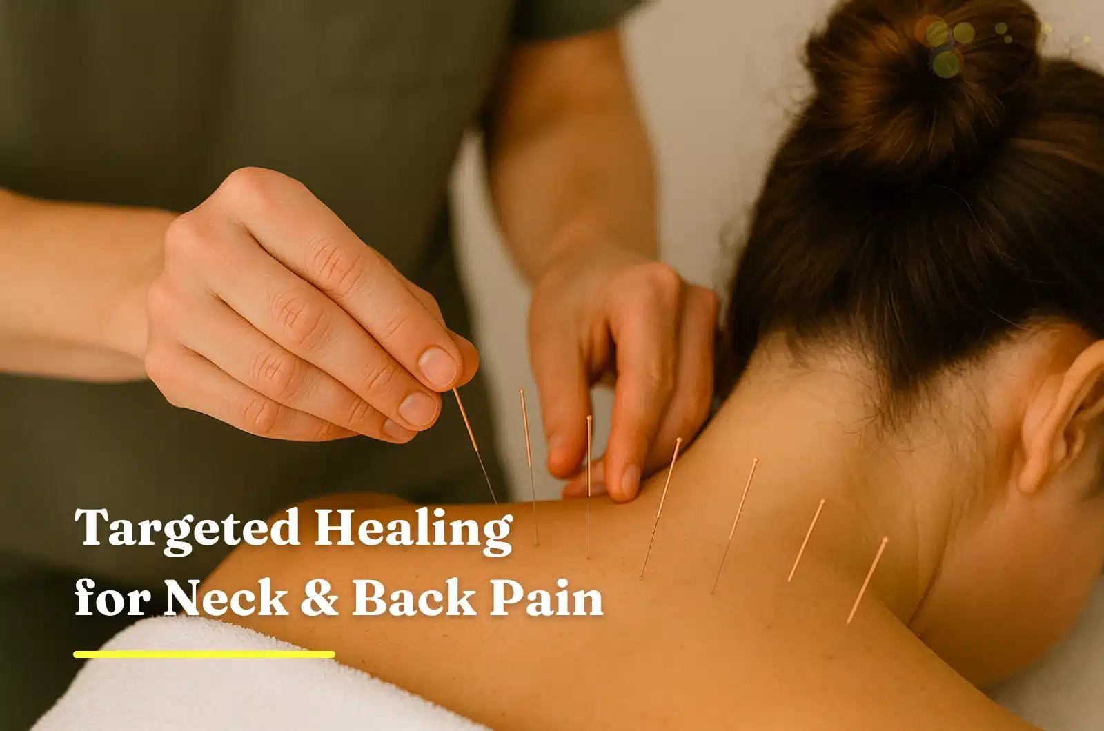 Acupuncture needles placed on neck and back for targeted pain relief.