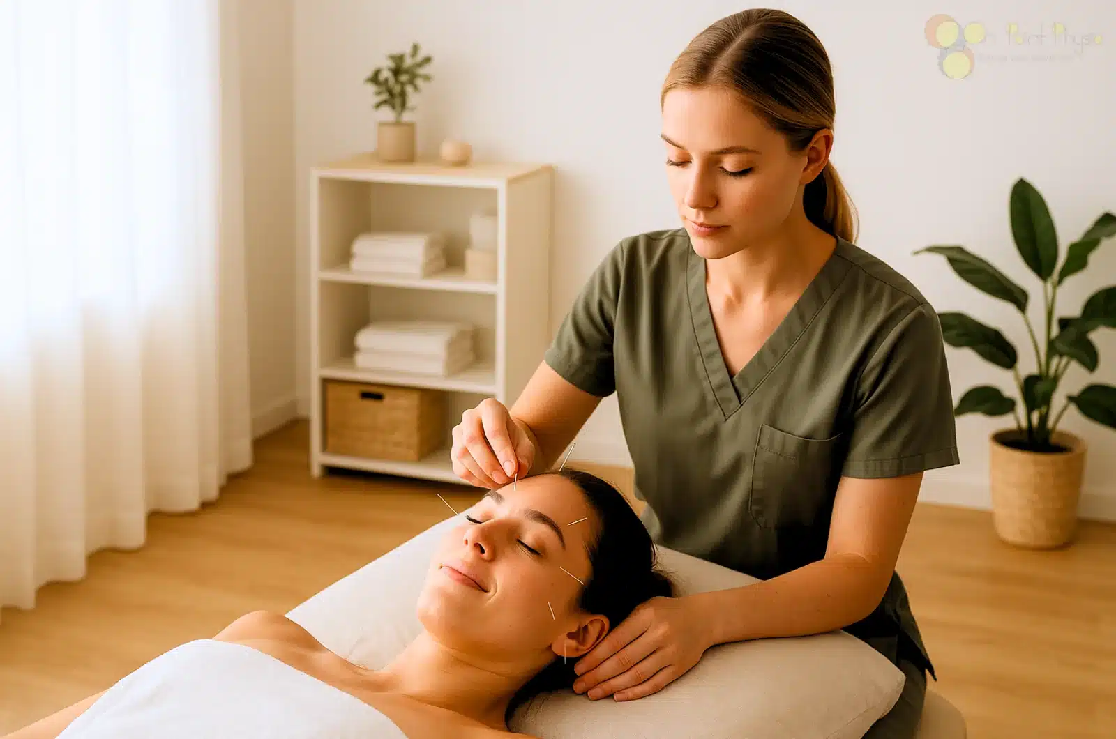 Therapist applying facial acupuncture needles in a peaceful clinic.