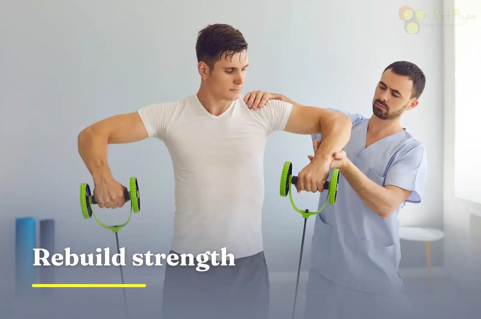 Physiotherapist guiding patient through resistance shoulder strengthening exercise.